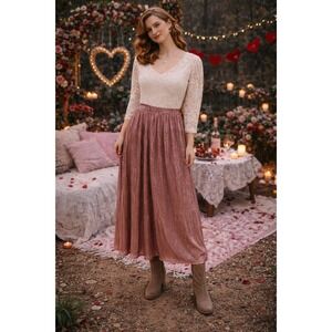 Gypsie Blu Pleated Maxi Skirt Womens Medium Rose Pink Metallic Boho Flowy NWT